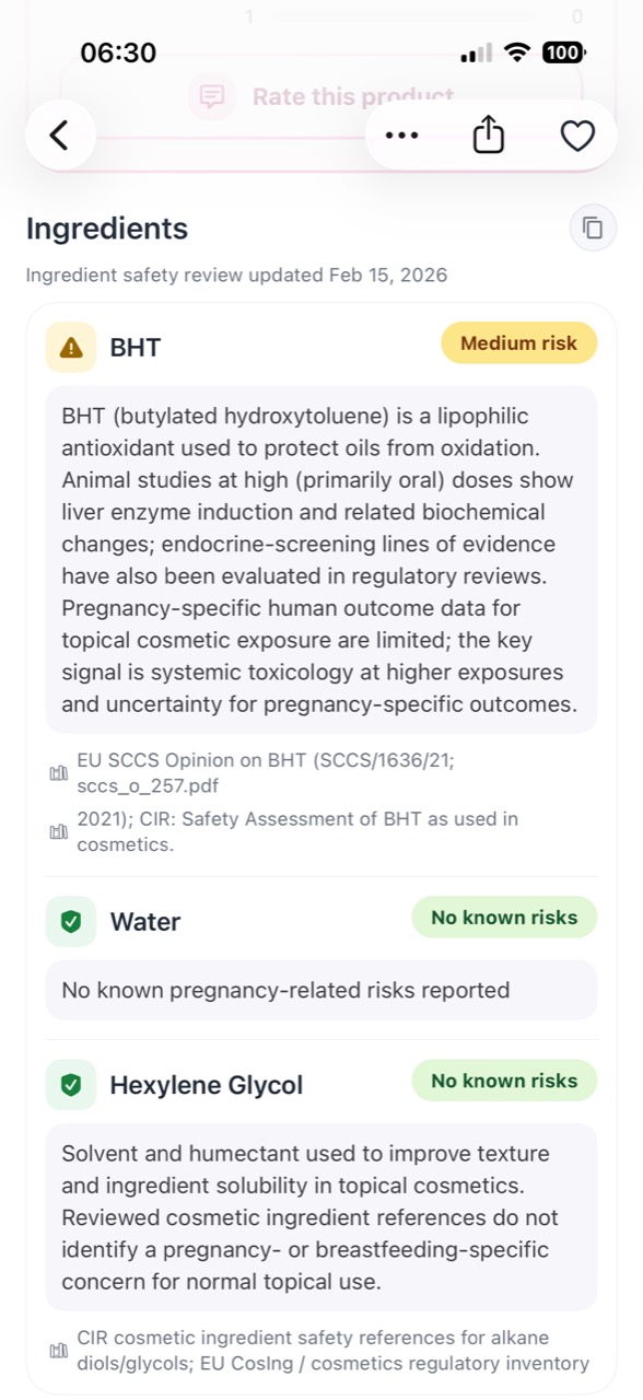 MamaSkin ingredient safety review with evidence notes