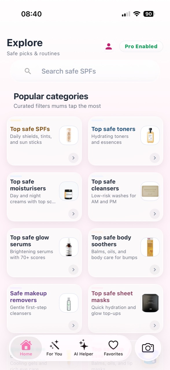 MamaSkin popular pregnancy-safe skincare categories